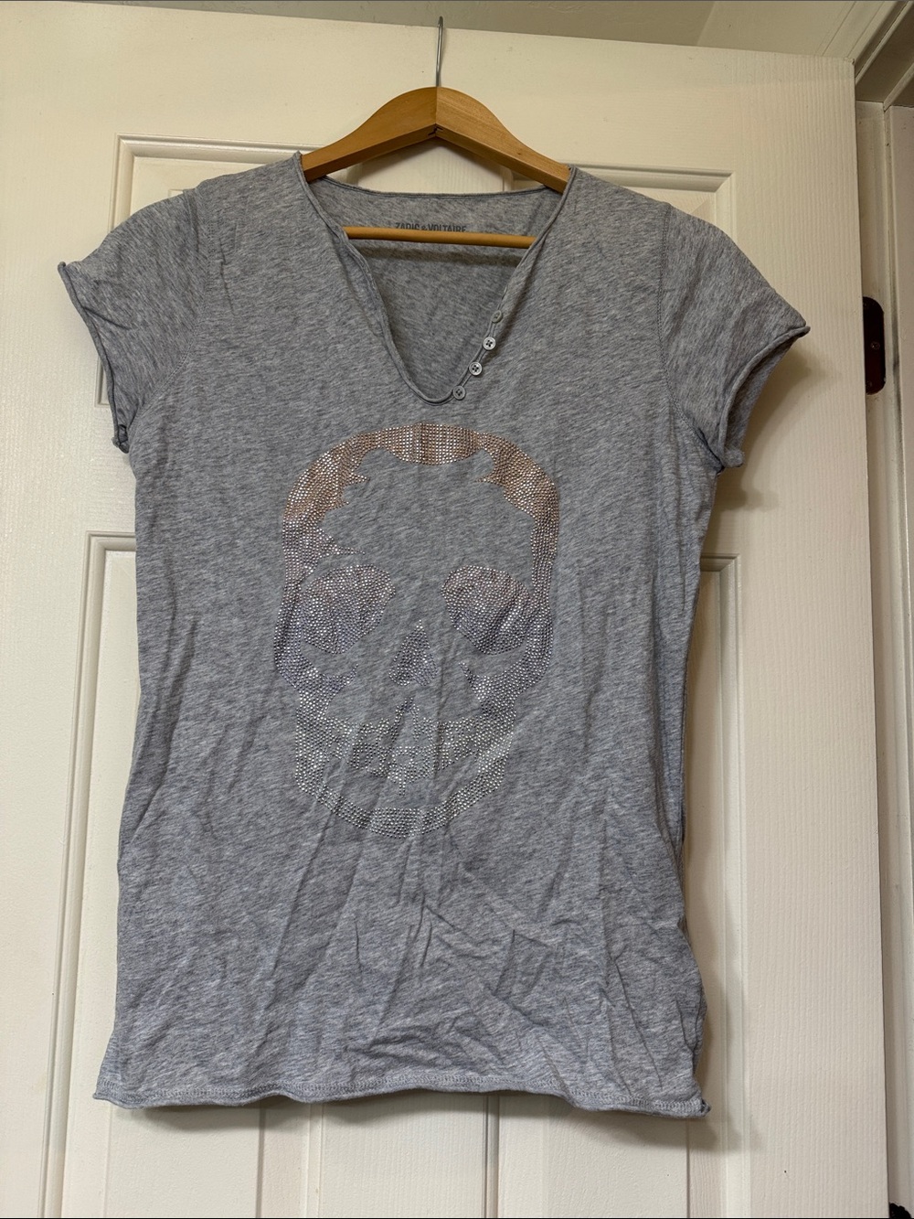Zadig & Voltaire Grey Short-Sleeve V-Neck Tee with Rhinestone Skull